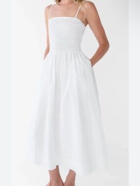 Astr White Smocked Midi Dress with Spaghetti Straps